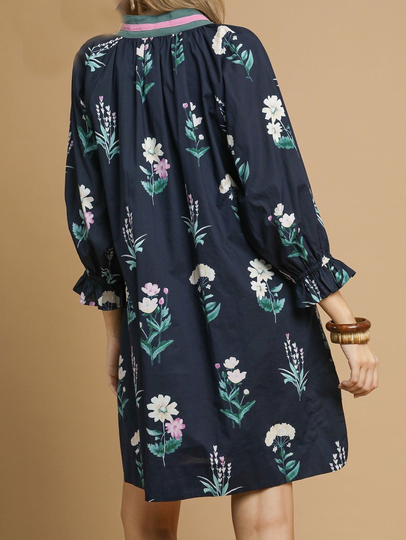 Umgee Exclusive Floral Print Mini Dress with Contrasting Stripe Trim in Midnight Mix