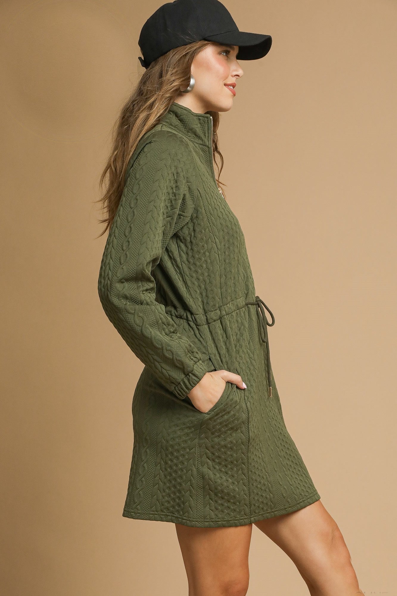Umgee Cable Knit Mini Dress in Olive
