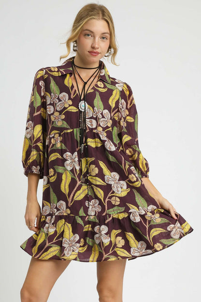 Umgee Tropical Floral Print Mini Dress in Brown Mix