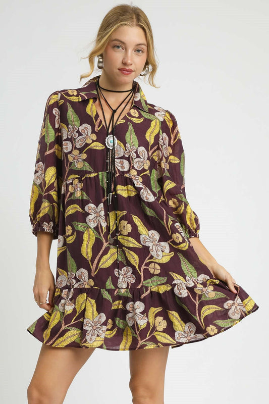 Umgee Tropical Floral Print Mini Dress in Brown Mix