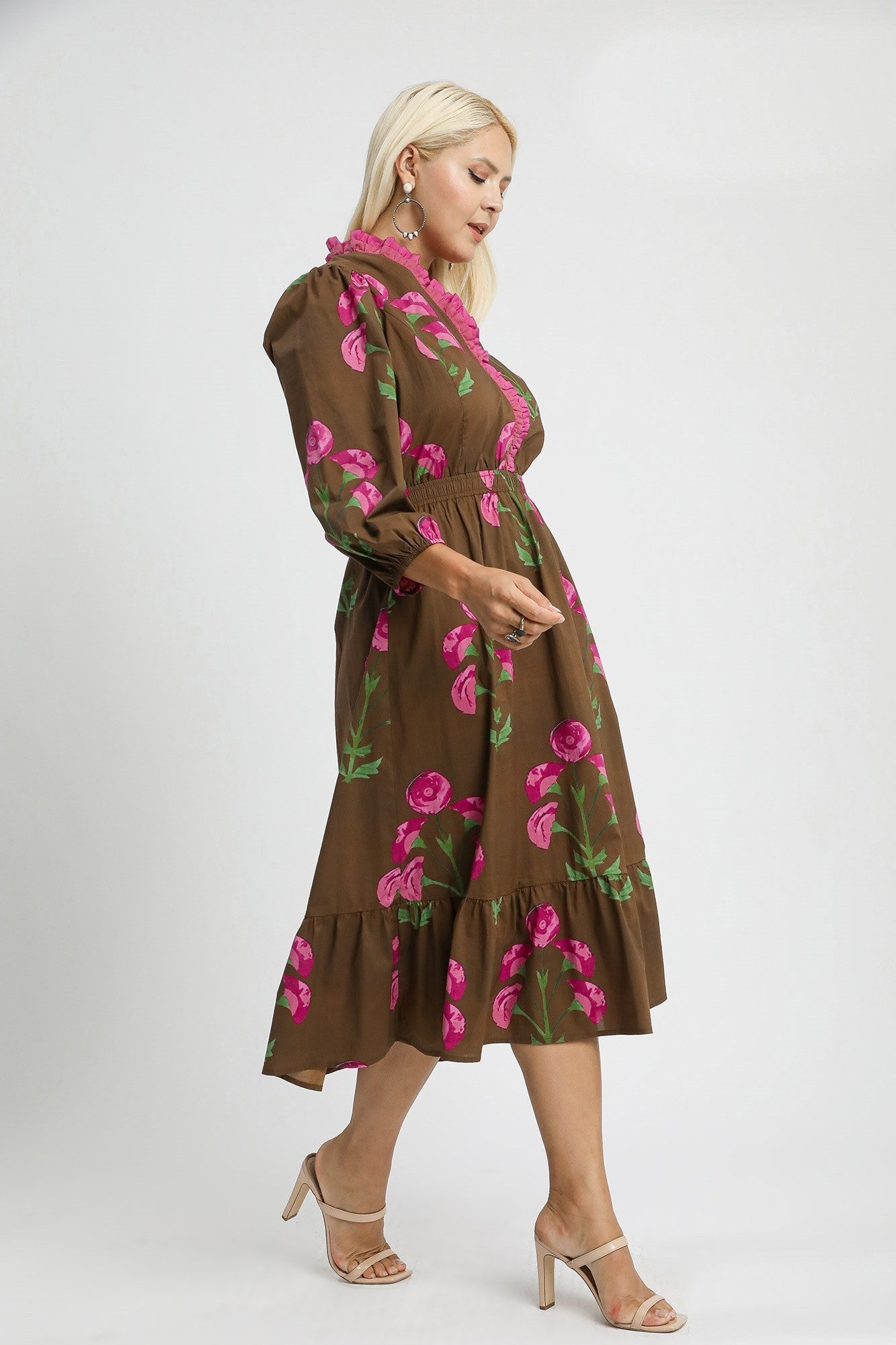 Umgee Floral Print Midi Dress in Brown Mix
