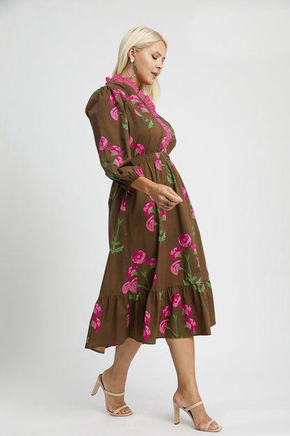 Umgee Floral Print Midi Dress in Brown Mix