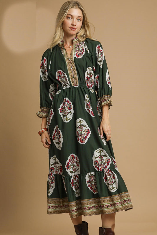 Umgee Flower Print with Contrasting Print Boarder Midi Dress in Palm Green Mix