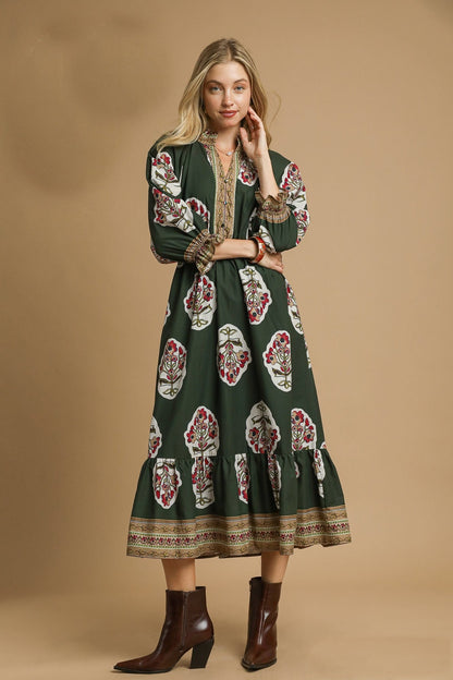Umgee Flower Print with Contrasting Print Boarder Midi Dress in Palm Green Mix