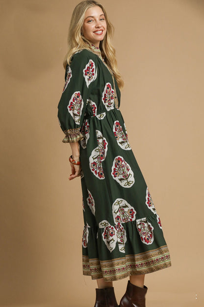 Umgee Flower Print with Contrasting Print Boarder Midi Dress in Palm Green Mix