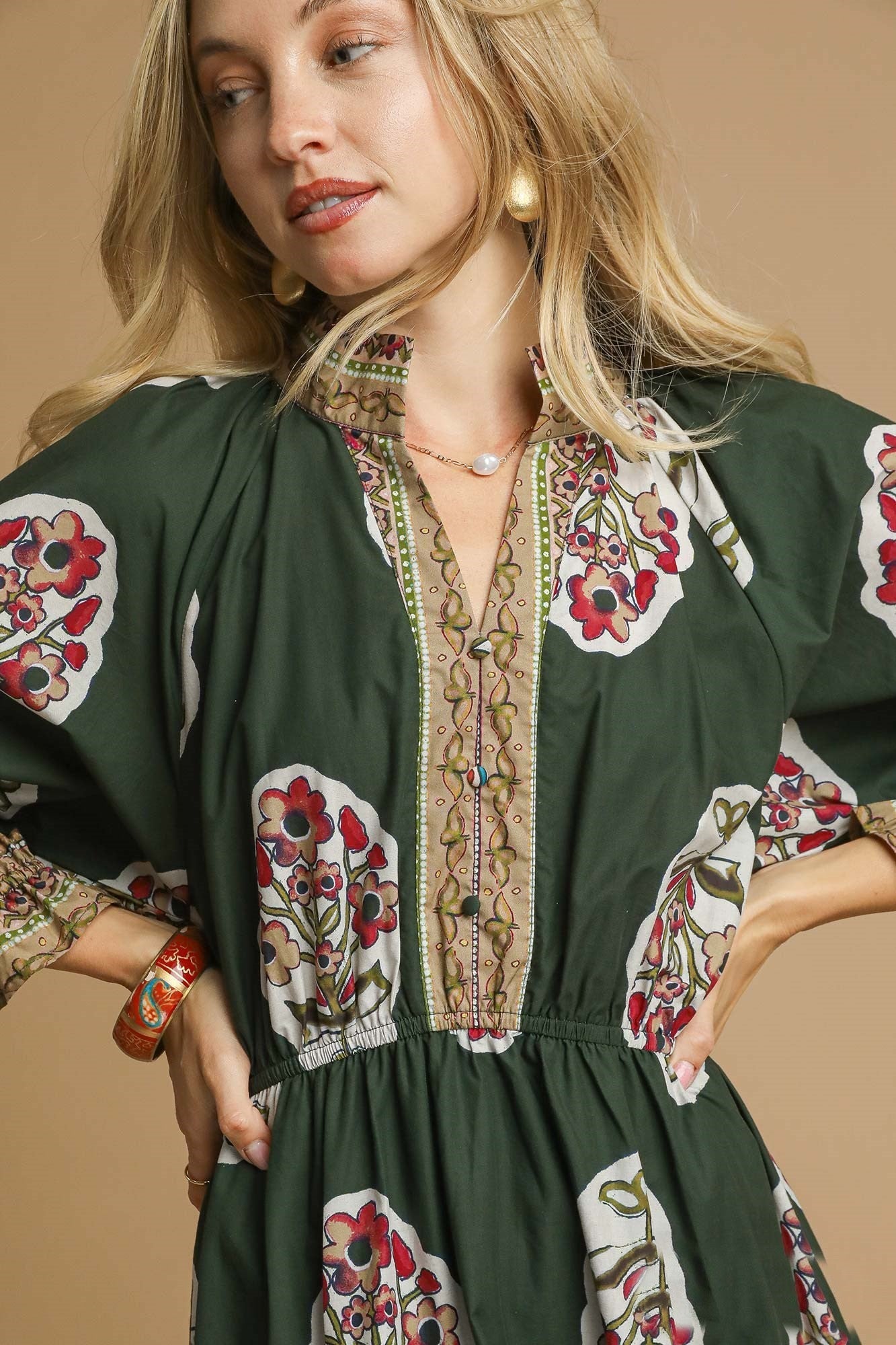 Umgee Flower Print with Contrasting Print Boarder Midi Dress in Palm Green Mix