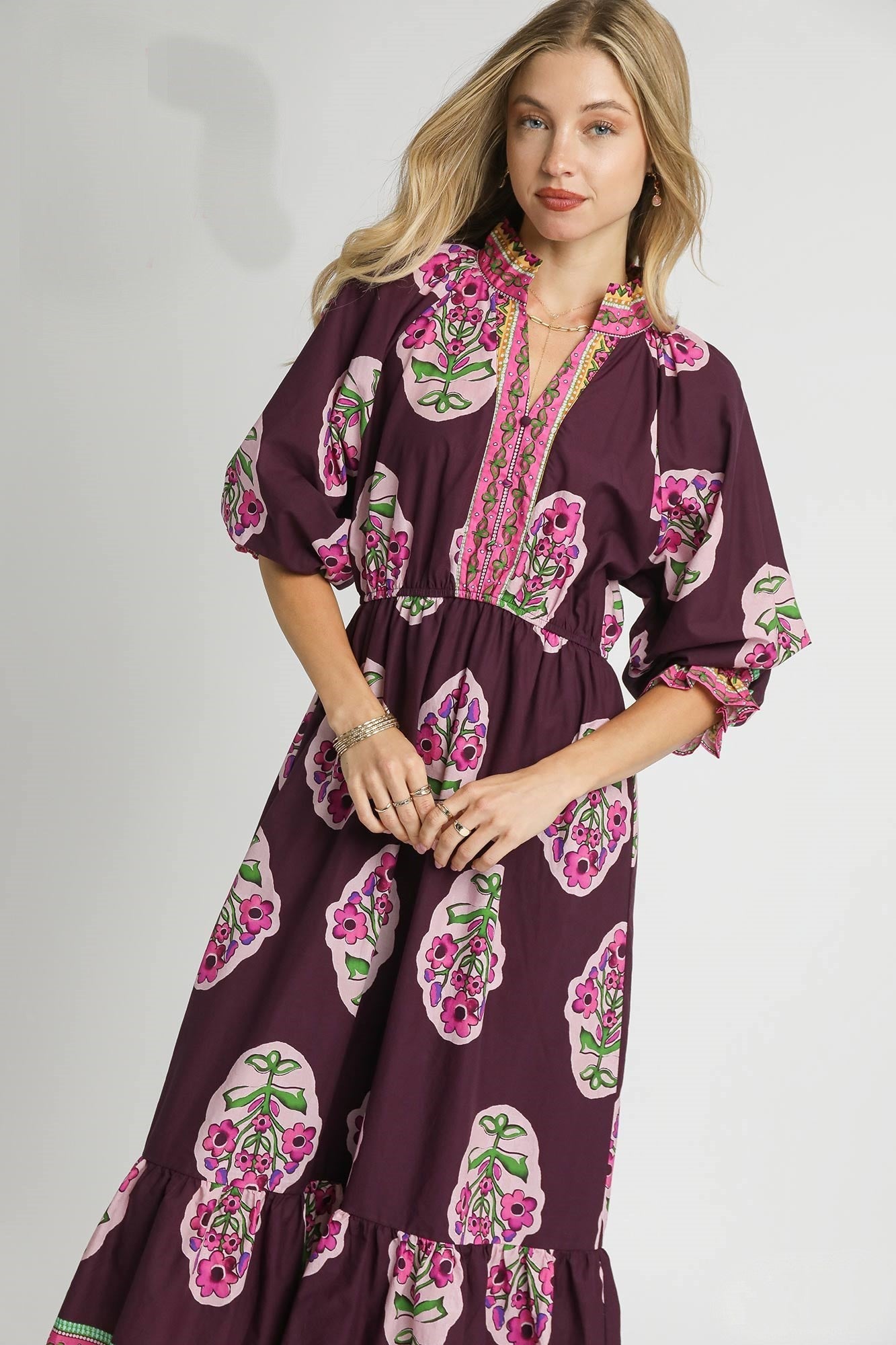 Umgee Flower Print with Contrasting Print Boarder Midi Dress in Plum Mix