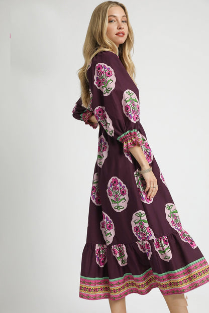 Umgee Flower Print with Contrasting Print Boarder Midi Dress in Plum Mix