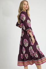 Umgee Flower Print with Contrasting Print Boarder Midi Dress in Plum Mix
