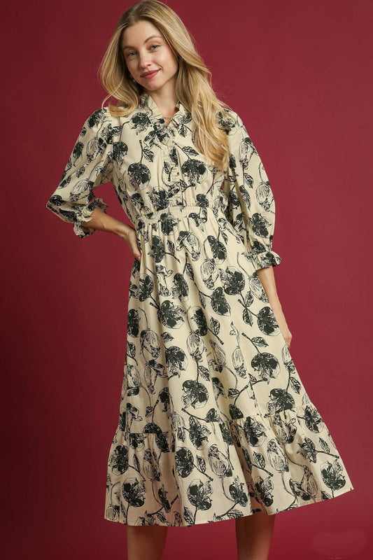 Umgee Two Tone Floral Print Midi Dress in Cream