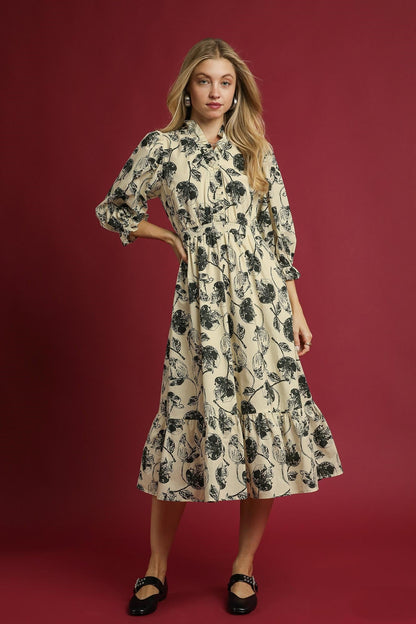 Umgee Two Tone Floral Print Midi Dress in Cream