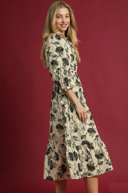 Umgee Two Tone Floral Print Midi Dress in Cream