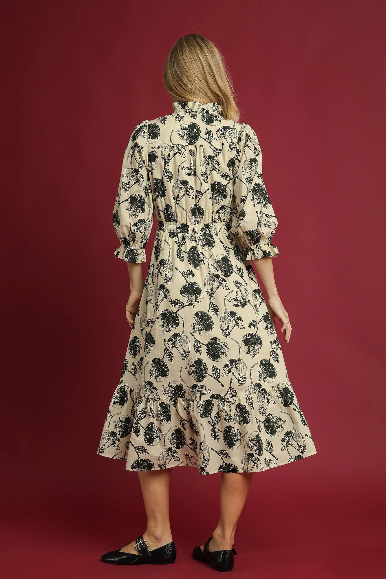 Umgee Two Tone Floral Print Midi Dress in Cream