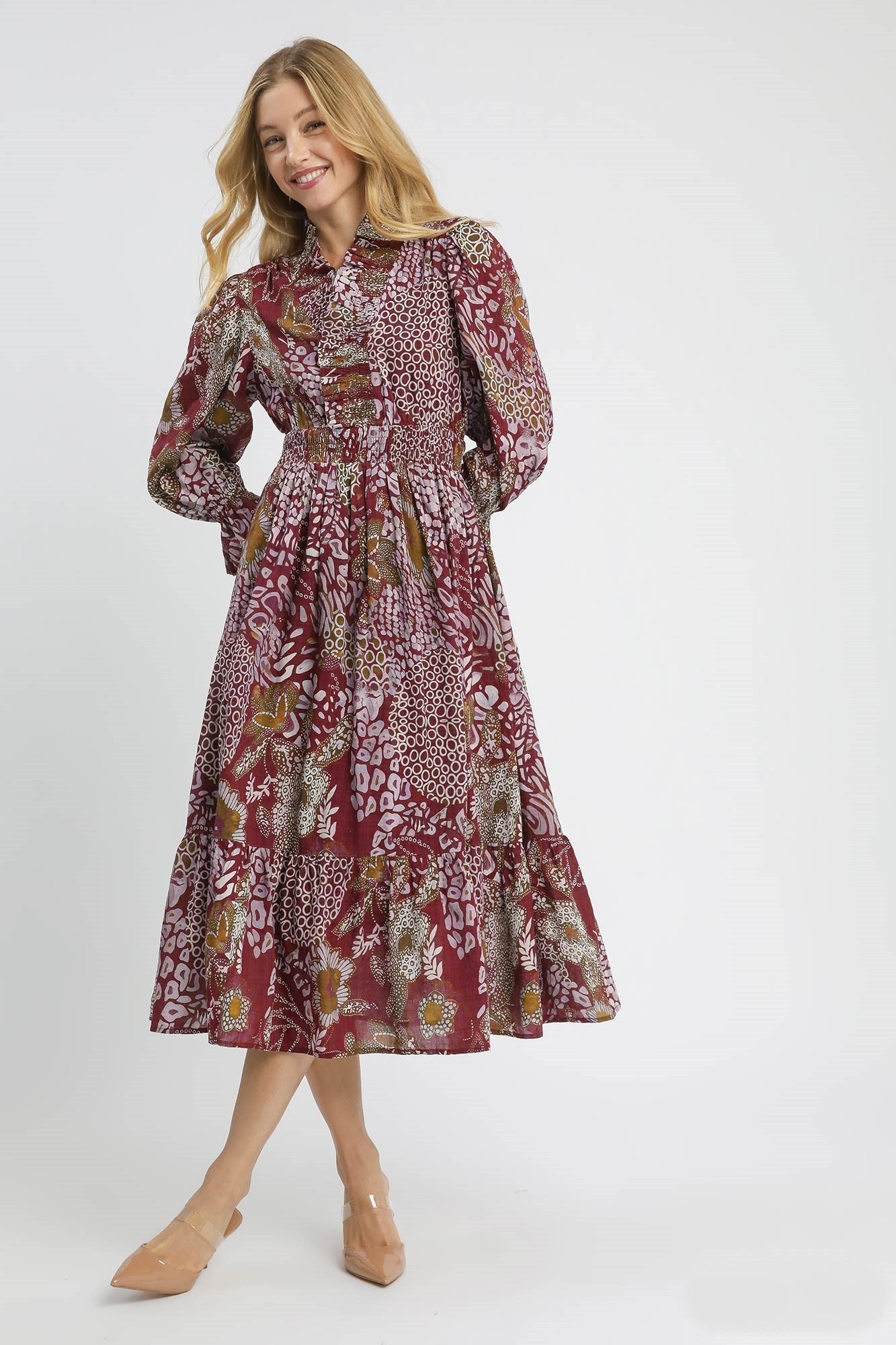 Umgee Boho Patchwork Mixed Print Midi Dress in Merlot Mix