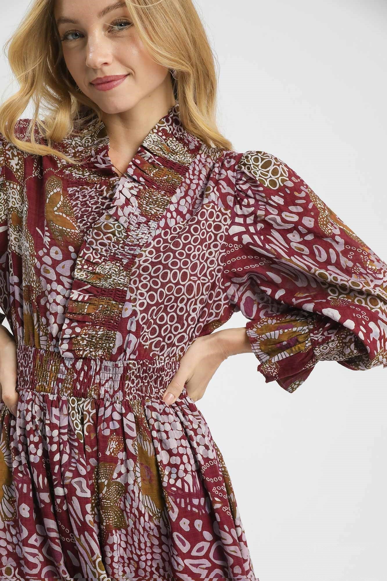 Umgee Boho Patchwork Mixed Print Midi Dress in Merlot Mix