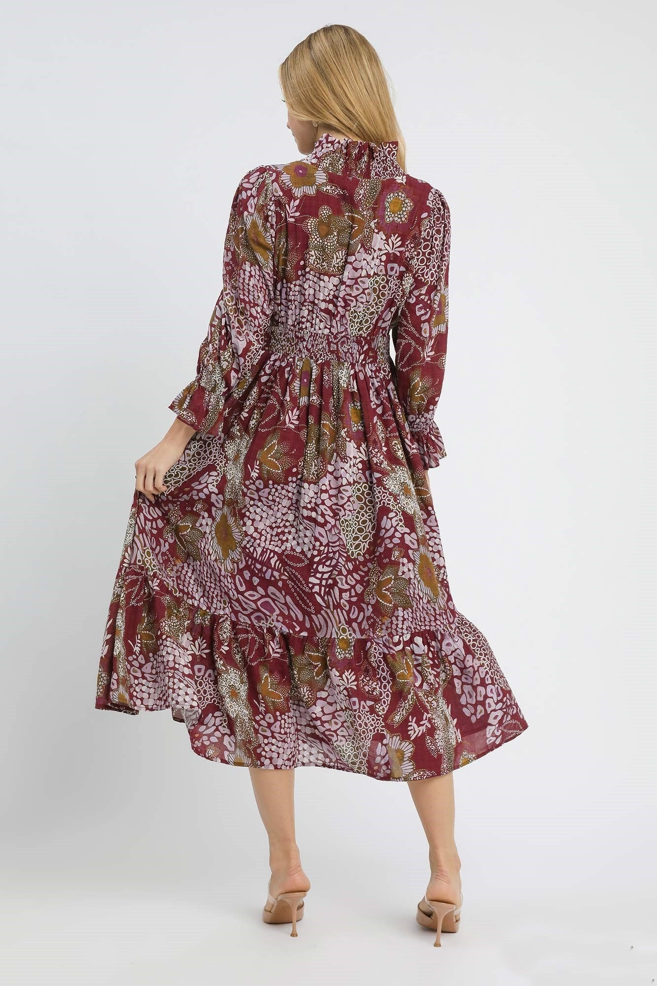 Umgee Boho Patchwork Mixed Print Midi Dress in Merlot Mix