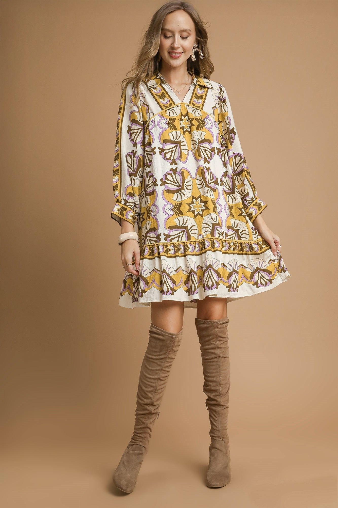 Umgee Boarder Print Tiered Mini Dress in Mustard Mix
