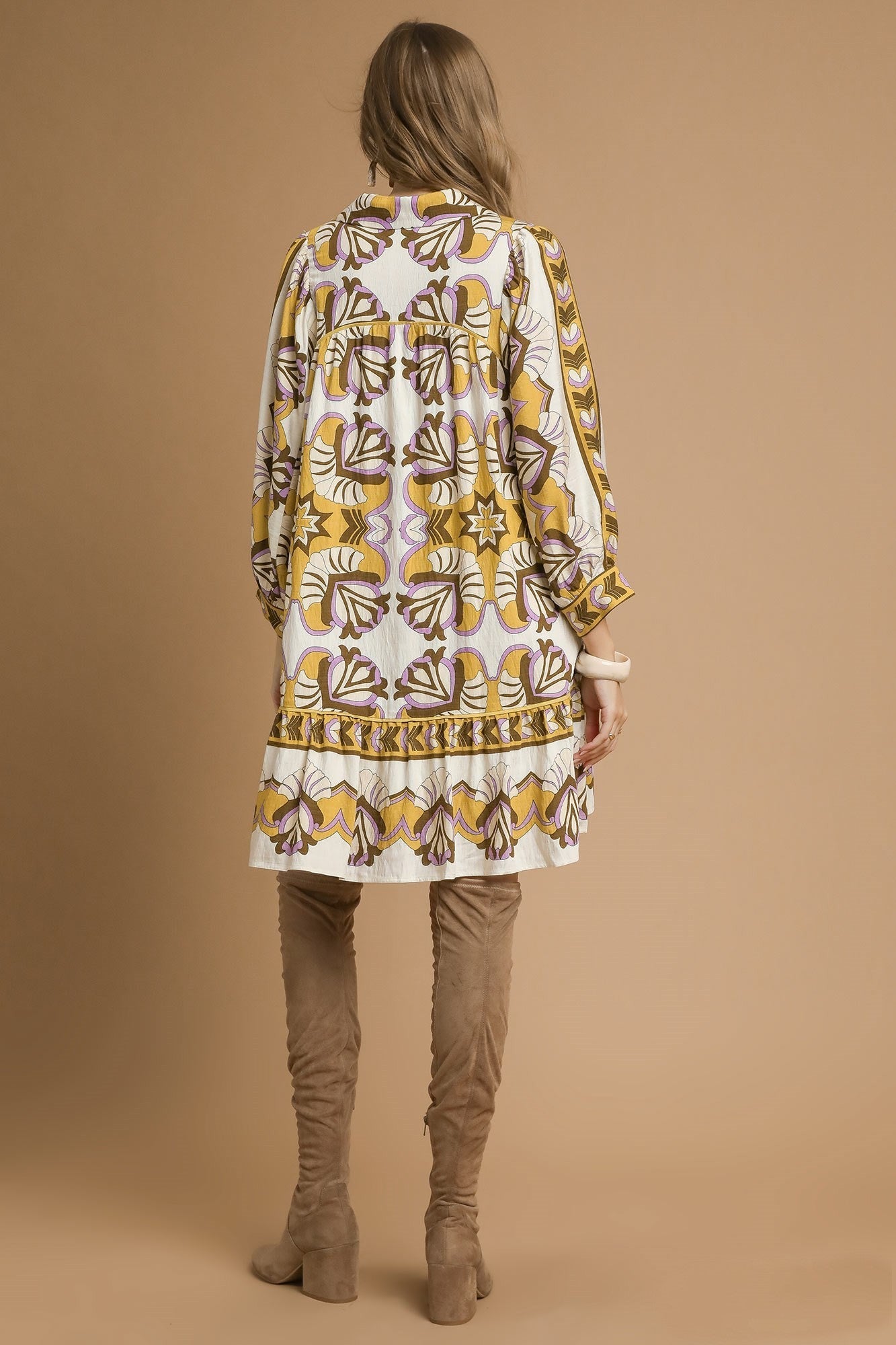 Umgee Boarder Print Tiered Mini Dress in Mustard Mix