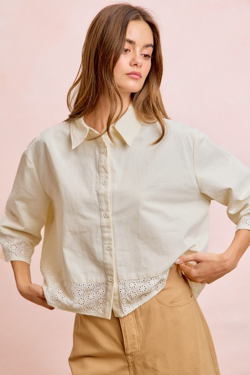 BiBi Eyelet Lace Hem Quarter Sleeve Top in Butter
