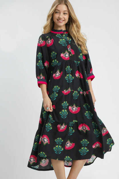 Umgee Floral Print Tiered Midi Dress in Black Mix
