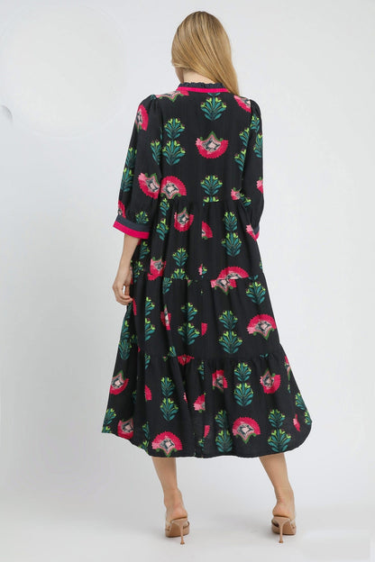 Umgee Floral Print Tiered Midi Dress in Black Mix