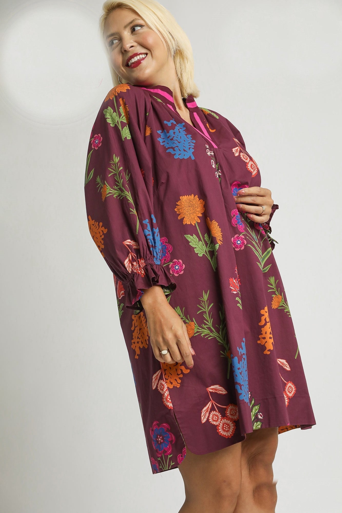 Umgee Floral Print Shift Mini Dress in Burgundy Mix