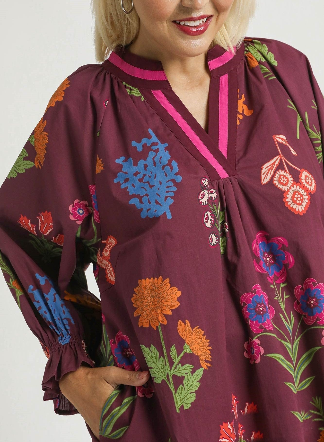 Umgee Floral Print Shift Mini Dress in Burgundy Mix