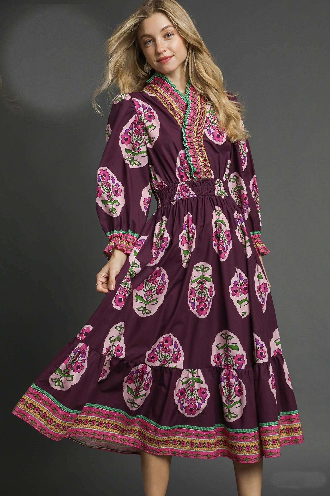 Umgee Boho Floral Mixed Print Midi Dress in Plum Mix