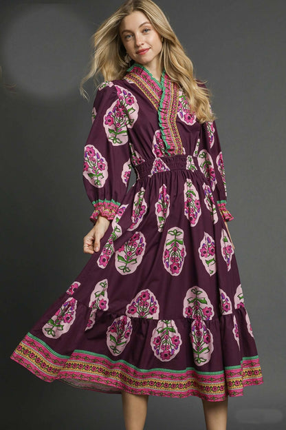 Umgee Boho Floral Mixed Print Midi Dress in Plum Mix