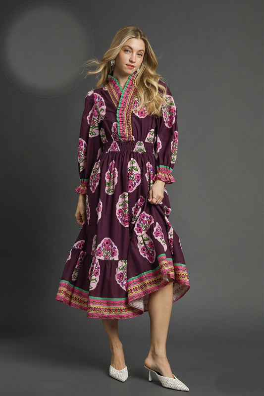 Umgee Boho Floral Mixed Print Midi Dress in Plum Mix