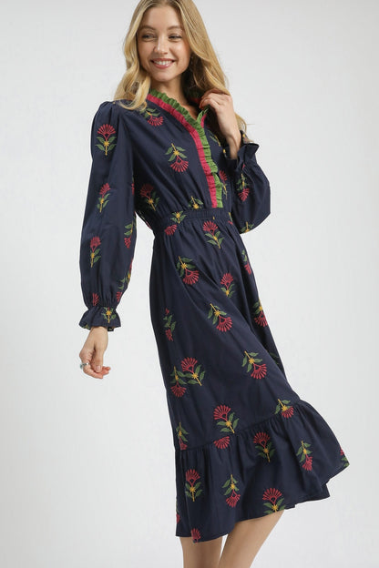 Umgee Boho Floral Embroidered Midi Dress in Navy