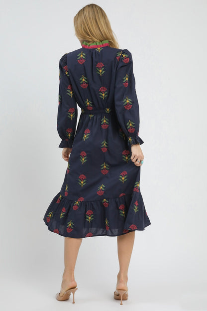 Umgee Boho Floral Embroidered Midi Dress in Navy