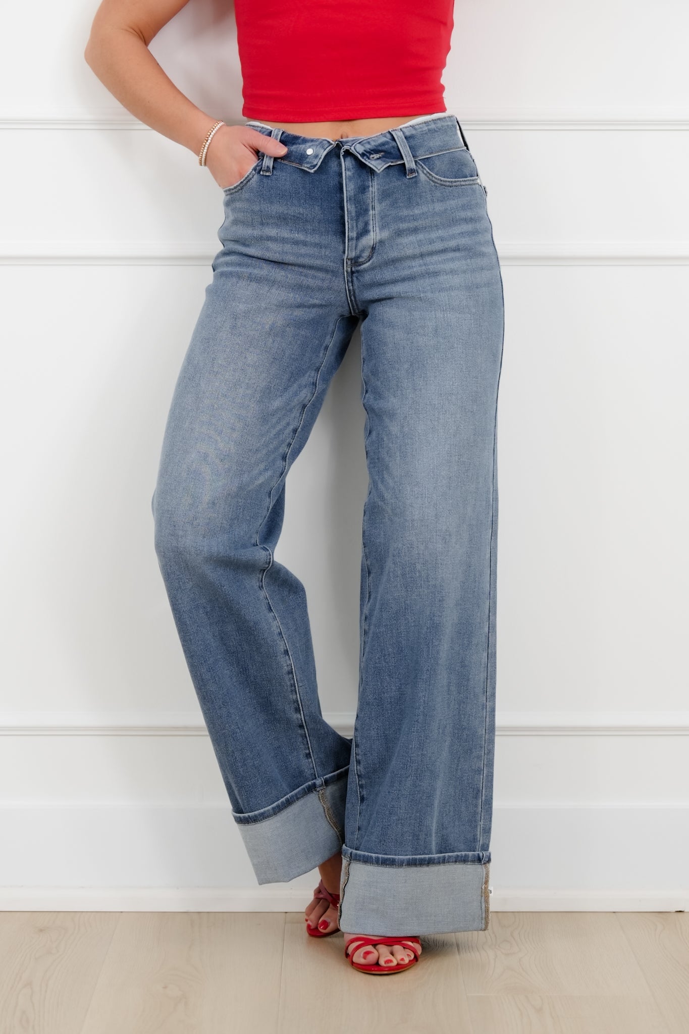 Judy Blue Catching Feelings Mid Rise Medium Wash Straight Leg Jeans with Folded Over Waistband