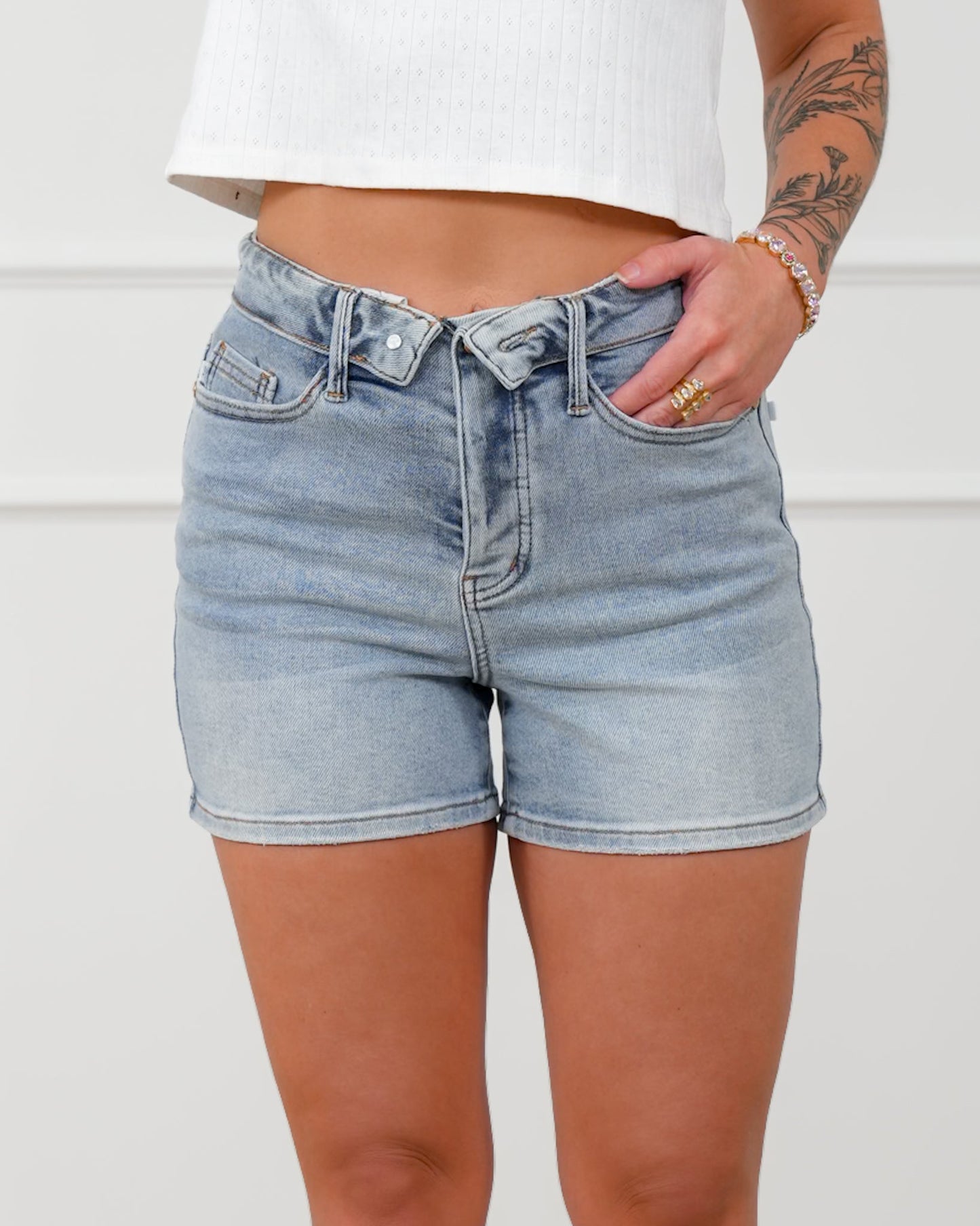 Judy Blue Medium Wash Slim Shorts with Fold Over Waistband