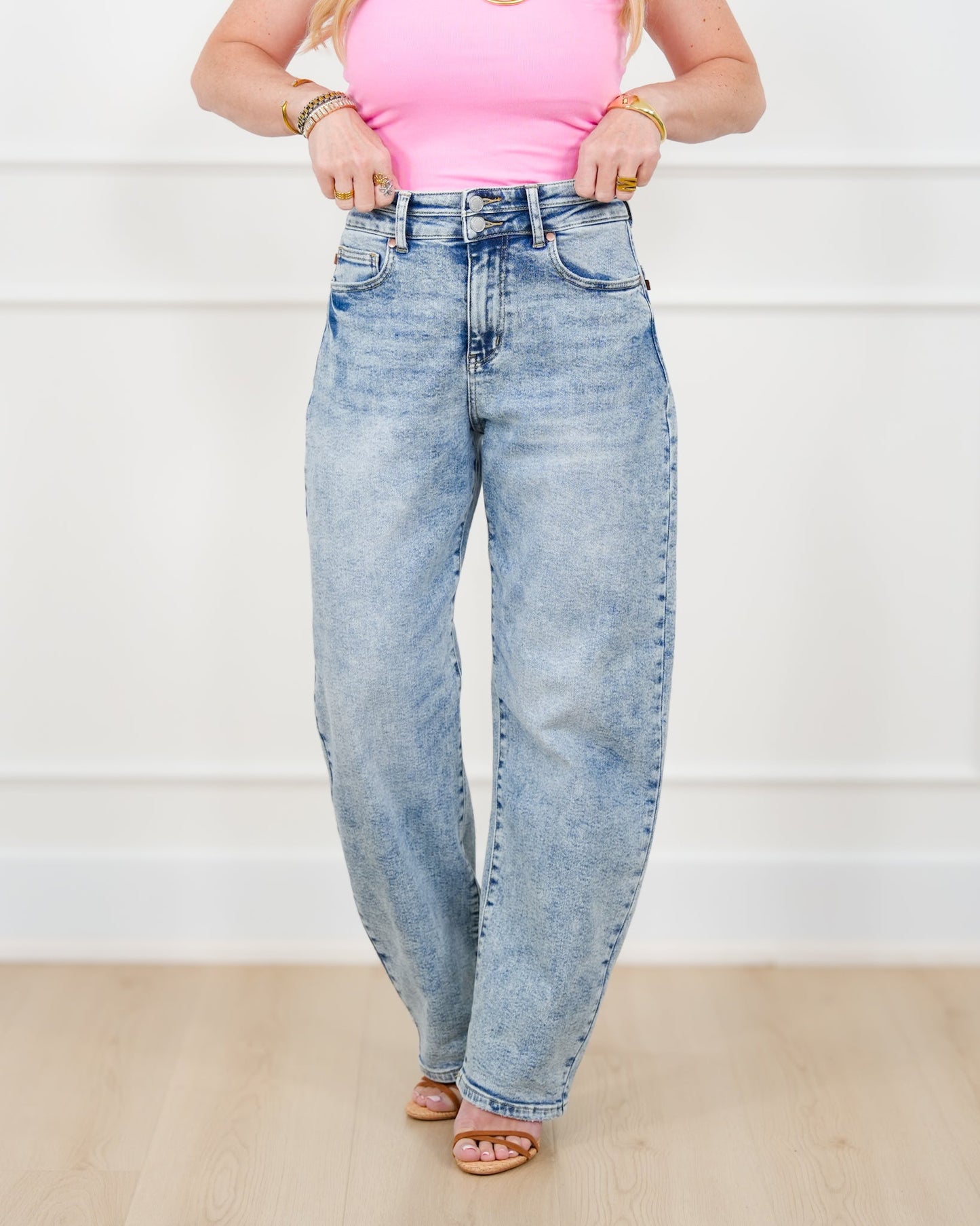 Judy Blue High Rise Light Wash Double Waist Band Marlow Arc Leg