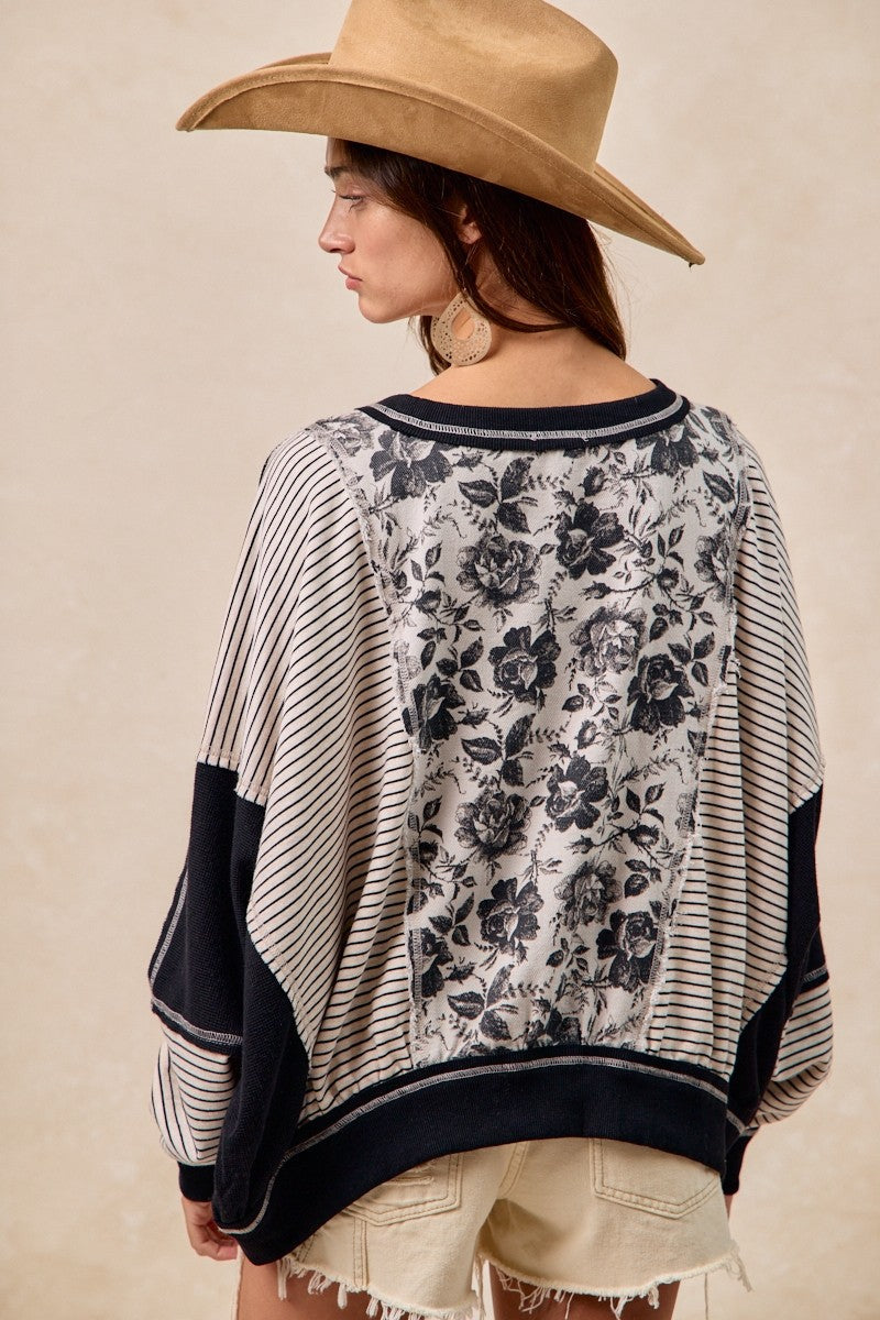 BiBi OVERSIZED Rose Twill and Stripe Mix n Match Top in Grey/Black ON ORDER