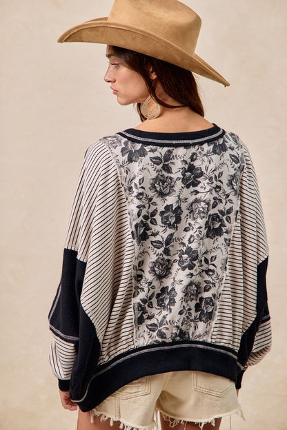BiBi OVERSIZED Rose Twill and Stripe Mix n Match Top in Grey/Black ON ORDER