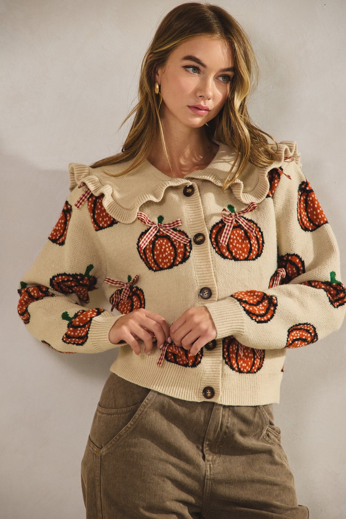 LovLov Sailor Collar Pumpkin with Ribbon Cardigan in Oatmeal ON ORDER