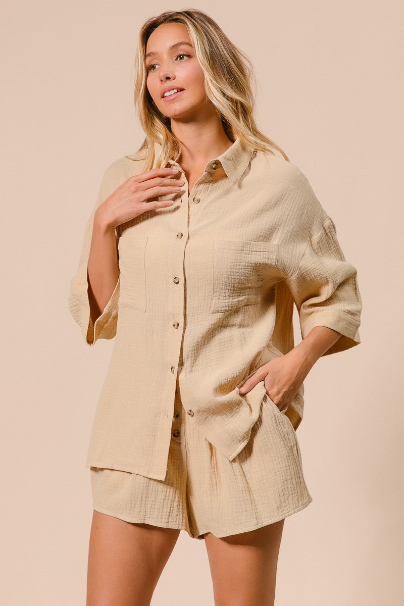 BiBi Crinkle Gauze Shirt And Short Set in Oatmeal