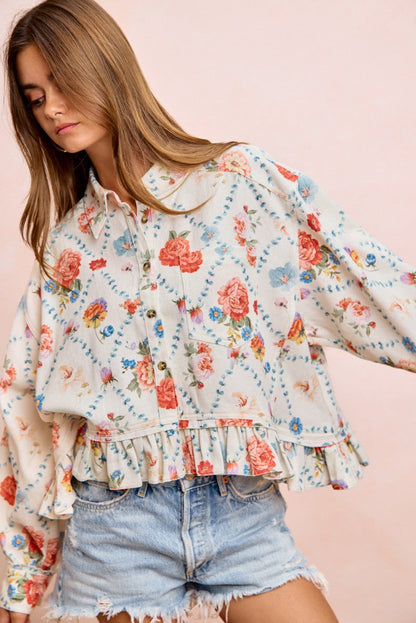 BiBi Floral Ruffle Hem Button-Up Blouse