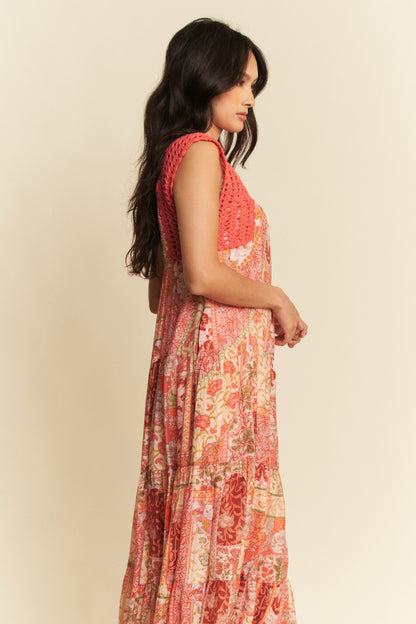 Davi & Dani Ethnic Print Maxi Dress with Open Crochet Straps in Coral Orange
