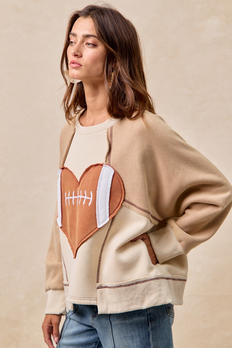 BiBi Color Block Fleece Top with Heart Football Patched Front in Oatmeal/Latte