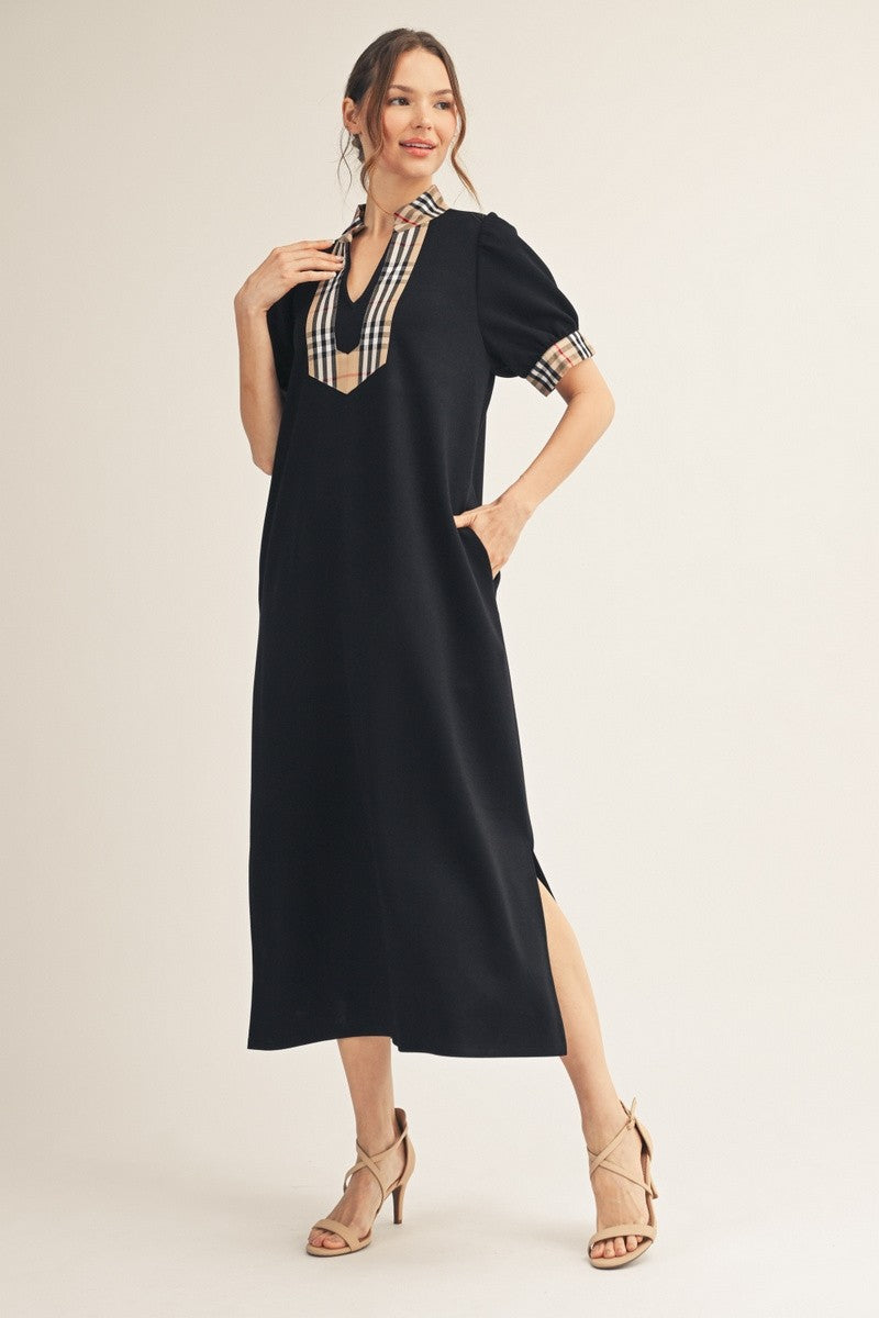 Jodifl Solid Color Midi Dress with Contrasting Classic Check in Black ON ORDER