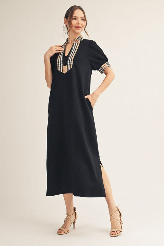 Jodifl Solid Color Midi Dress with Contrasting Classic Check in Black ON ORDER