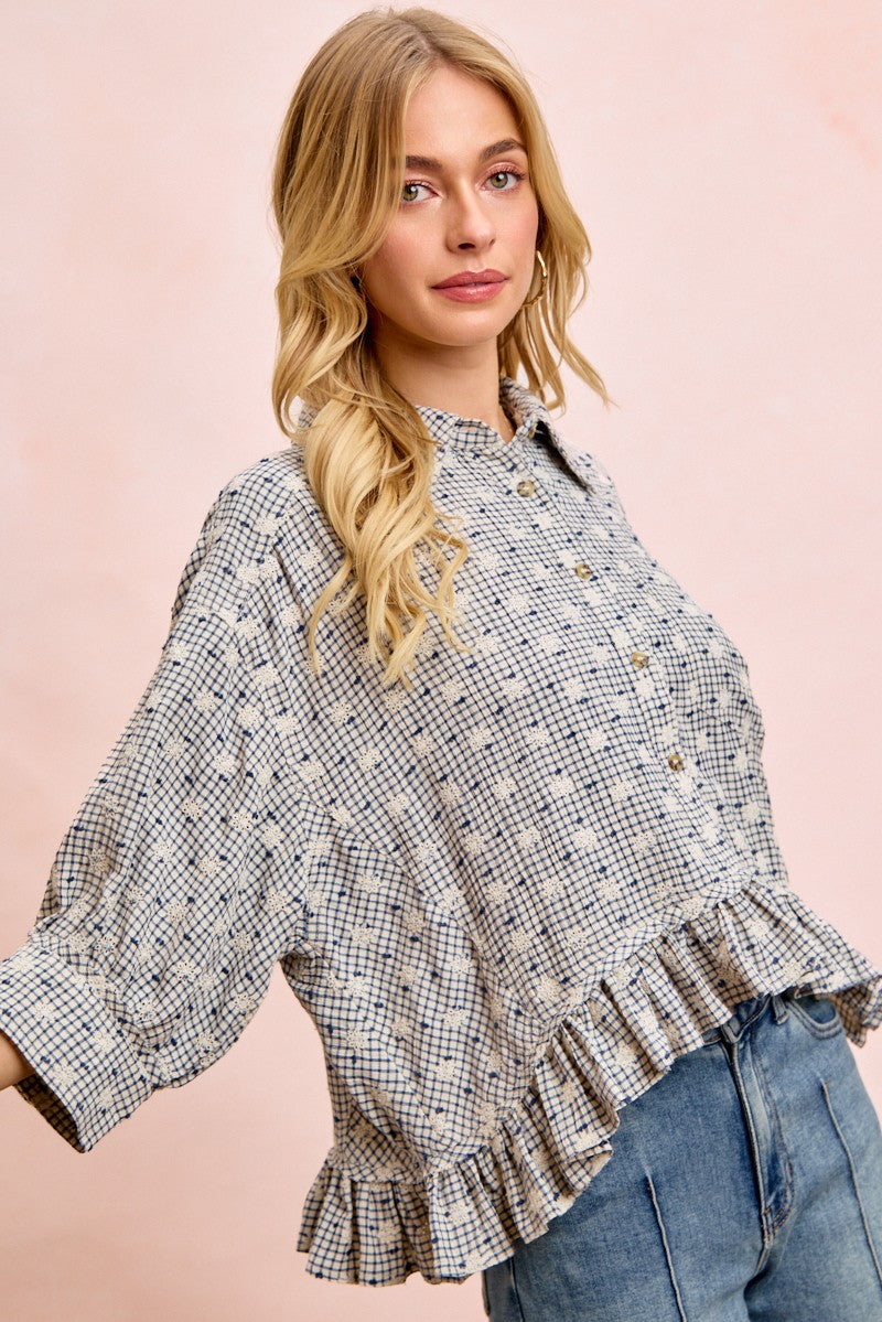 BiBi Floral Embroidery Grid Checked Ruffled Hem Button-Up Top in Navy
