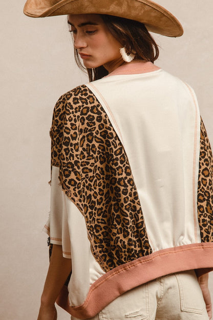BiBi OVERSIZED Leopard and Solid Top with Denim USA Patch Front in Oatmeal