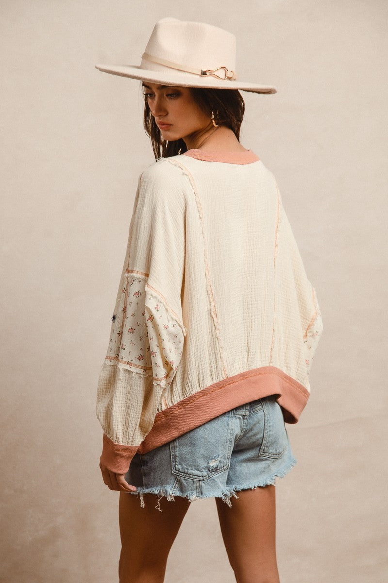 BiBi Solid Color and Floral Print Crinkle Gauze Top with Contrasting Gingham Star Patches in Oatmeal