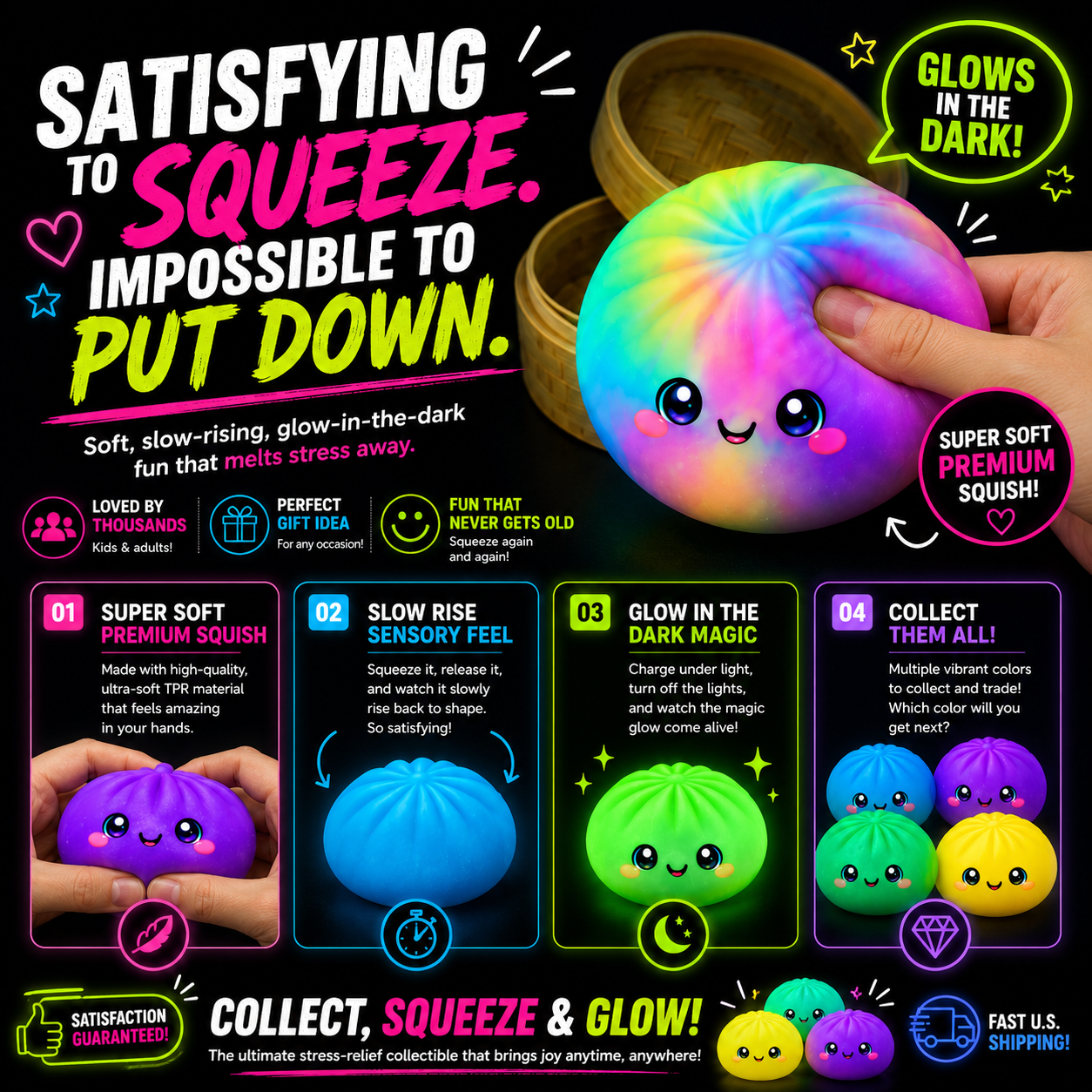 Glow in the Dark Squishy Dumplings Toy – 4" Mystery Collectible Squeeze Toy