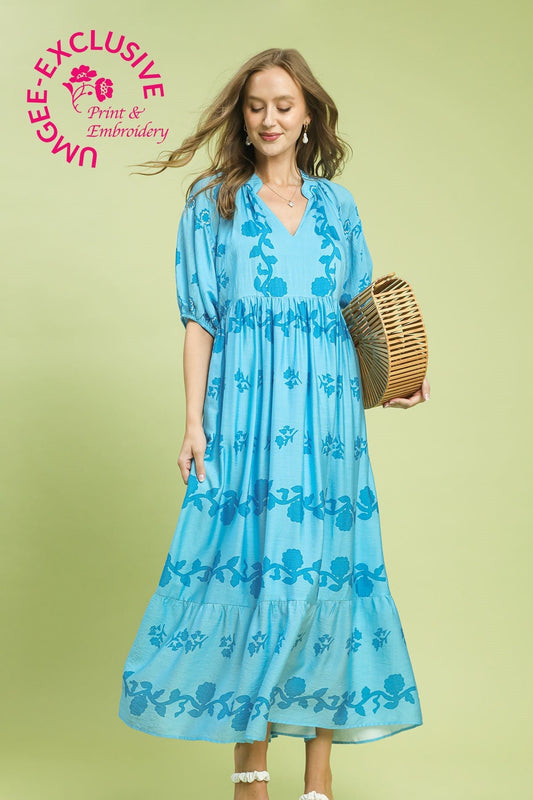 Umgee Vine Stippling Print Maxi Dress in Chambray