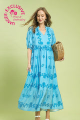 Umgee Vine Stippling Print Maxi Dress in Chambray